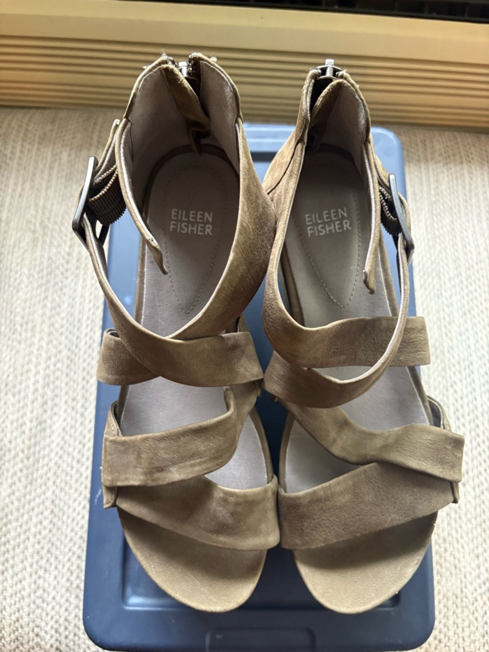 Eileen Fisher Tan Suede Crisscross Wedge Sandals